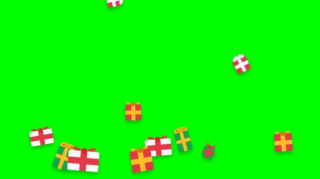 Falling colorful Christmas gift boxes with ribbons on a bright green background for chroma key video editing
