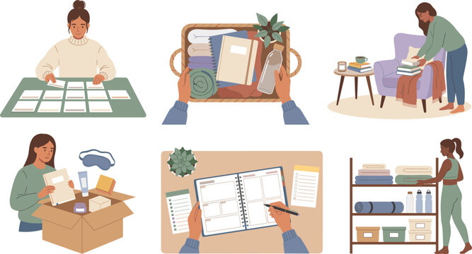People organizing home routine set with planning agenda tidying clothes shelf packing care boxes and sorting cards for lifestyle productivity