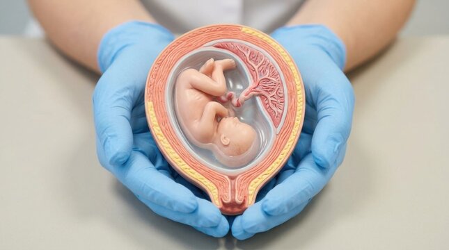 Doctor wearing blue medical gloves holding a human fetus anatomical model in clinic