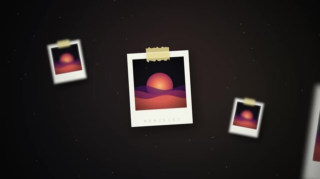 Polaroid photos floating on dark background with warm sunset graphic