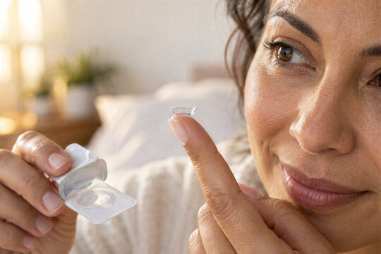 Woman holding contact lens and blister pack