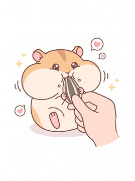 Hand Feeding Sunflower Seed to Chubby Hamster with Puffed Cheeks, Cute Minimalist Kawaii Cartoon Rodent Vector Illustration Isolated on White Background
