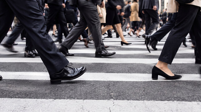 交差点を足早に渡る大勢のビジネスパーソン、都会の通勤ラッシュの足元 / Crowd of businesspeople briskly crossing an intersection, urban commuter rush hour from the feet