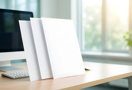 Branding mockup and corporate identity, blank white paper sheets on office desk for business presentation or marketing design project in modern workspace