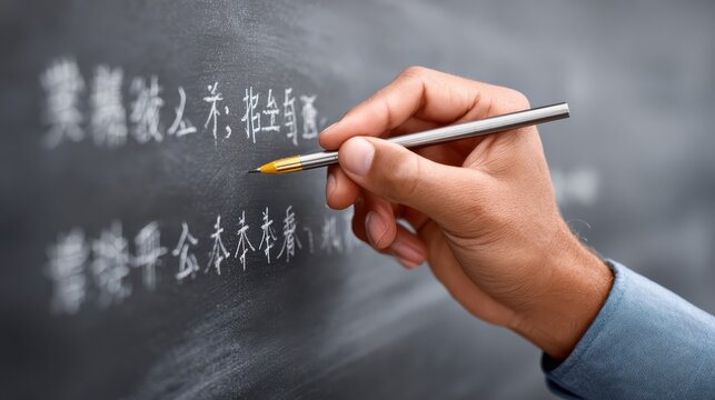 A person writes Chinese characters on a blackboard using a yellow pencil, focusing on calligraphy or language learning.