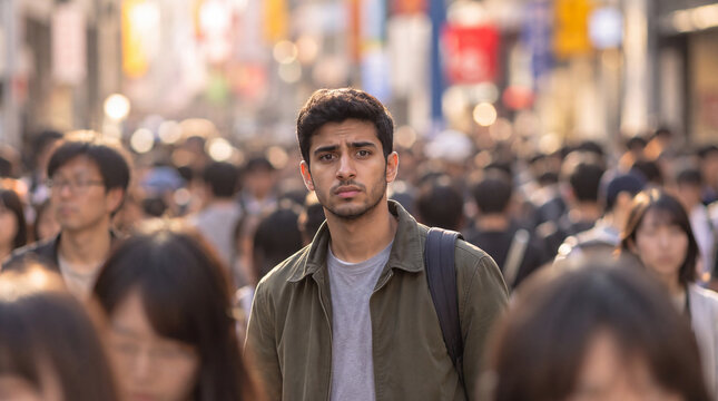 人混みの中で不安げな表情を浮かべるムスリムの青年、来日した外国人の戸惑い / Anxious Muslim young man standing in a crowd, bewilderment of a foreigner newly arrived in Japan