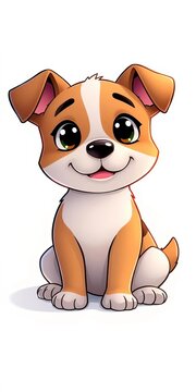 Adorable cartoon dog sits solo on a clean white background, conveying a sense of loneliness, simplicity, ||white