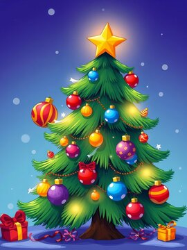 Colorful cartoon Christmas tree with star and ornaments, Seasonal Decoration, Holly Berry