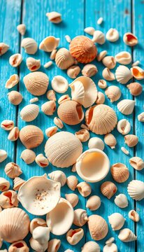 Seashells scattered over a blue wooden background, evoking a sense of summer relaxation, flat lay, serene