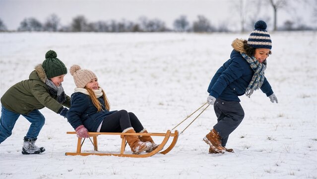 Three children playing in a snowy field with a wooden sled, one pulling while another pushes and one rides, bundled in winter hats and coats