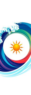 Wave-shaped abstract design with sun icon inside a circular ocean-inspired frame, Surf, Coastal