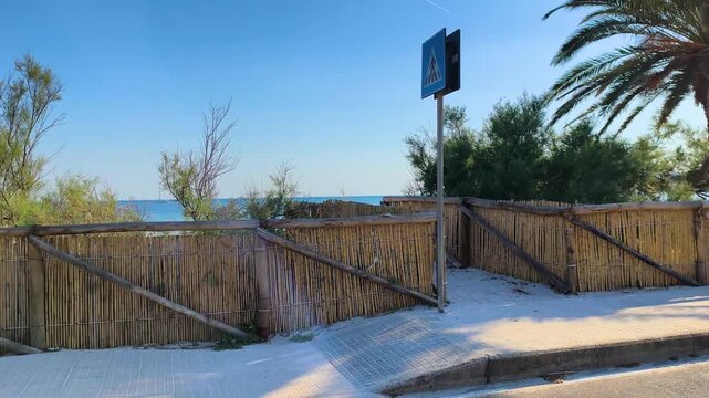 Vertical POV walk crossing a coastal road and entering the beach along a sandy path bordered by reed fences during golden hour in Sardinia, Italy.