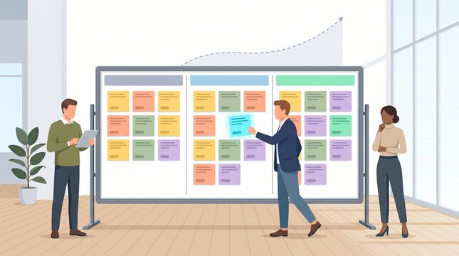 Agile Kanban Workflow Board and Scrum Project Management Task Tracking with Sticky Task Cards and Progress Columns in Modern Clean Minimalist Flat Vector Graphic Illustration for Team Collaboration