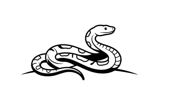 Stylized black and white line art illustration of a curled snake.