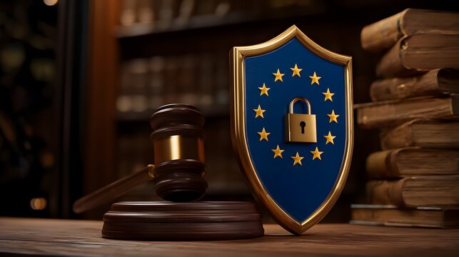 Representation of data protection in the European Union with a gavel and a shield featuring a lock symbol