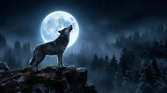 Wild wolf howling at the big glowing full moon while standing on a high rocky cliff in a dark misty pine forest at night, mysterious wildlife nature animal concept background video loop