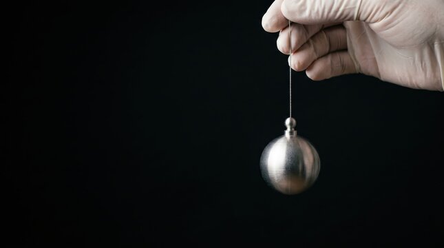 risk management governance. Hand in glove holding a metallic pendulum against a dark background for hypnosis or divination.