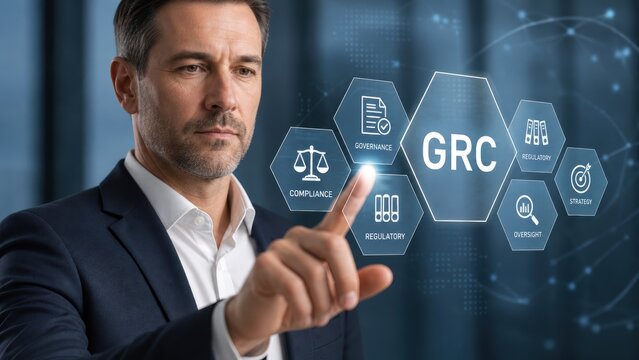 risk management governance. Businessman interacting with digital interface displaying GRC and related compliance icons.