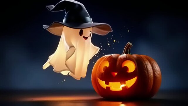 Cute glowing ghost wearing a witch hat floating and casting magic stars next to a friendly Halloween jack-o-lantern pumpkin, adorable autumn seasonal holiday theme concept background loop video.