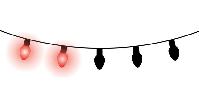 Christmas red string lights blinking animation on white background, festive holiday party decoration loop