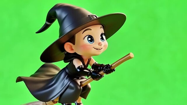 Cute little witch character flying on a magic broomstick against an isolated green screen chroma key background, adorable 3d animated cartoon style for Halloween seasonal video loop