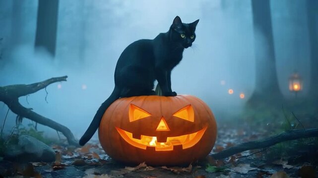 Spooky black cat sitting on a glowing Halloween jack-o-lantern pumpkin in a mysterious misty forest at twilight, creepy autumn seasonal holiday theme concept background loop animation video