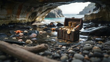 Fototapeta premium Hidden Treasure Chest on Rocky Beach Under Natural Cave Arch with Seashells and Ocean View