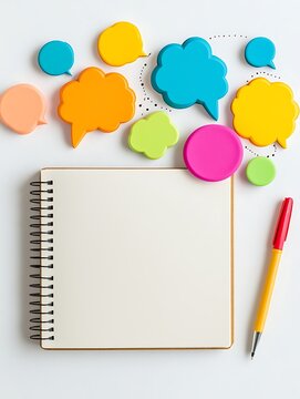 Colorful Speech Bubbles and Blank Notebook on White Surface