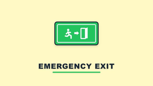 Green emergency exit sign icon with running figure and open door illustration on a light background