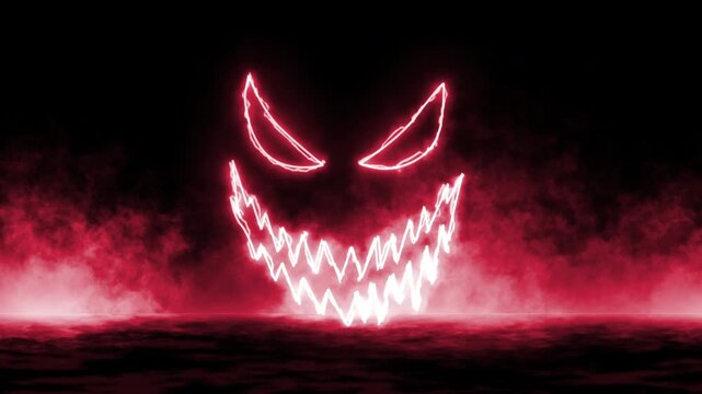 Smoke halloween pumpkin silhouettes show a red monster face in eerie fog. Creepy design perfect for halloweenthemed graphics and illustrations.