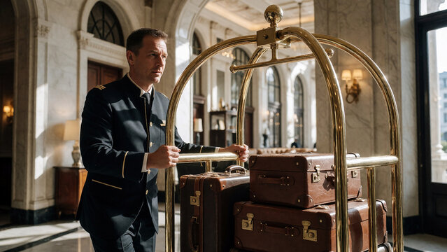 Bellhop pushing luggage cart in hotel