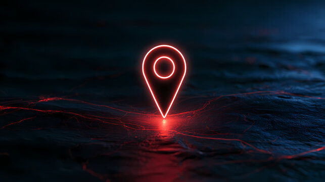 Glowing red neon map location pin icon reflected on a dark digital surface with light streaks, a futuristic GPS navigation and technology concept