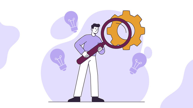 Problem Solving Illustration with Man Analyzing Gears and Ideas