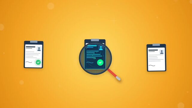 Magnifying glass scanning through various resume or document clipboards on yellow background