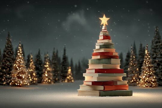 Christmas Tree Made of books on a snowy winter forest landscape. Merry Christmas and New Year greeting card background. Xmas, Reading and imagination concept