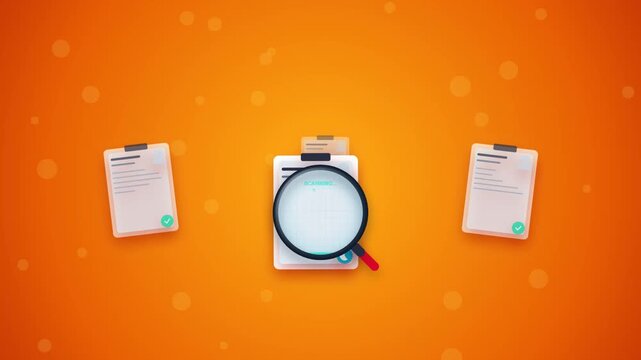 Magnifying glass scanning documents and clipboards on orange background