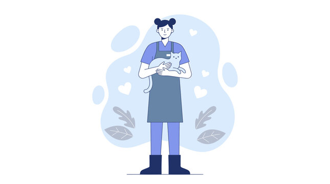 Veterinarian Holding a Friendly Cat in Flat Minimalist Vector Style