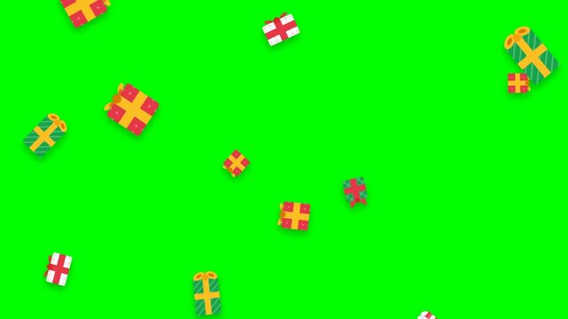 Colorful 3D Gift Boxes and Christmas Presents Floating on a Vibrant Green Screen Background for Holiday Celebration