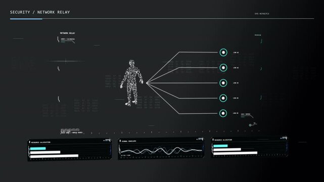 Futuristic sci-fi deep space telemetry HUD interface with radar, data charts, graphs, and digital control panels for tech and gaming projects.