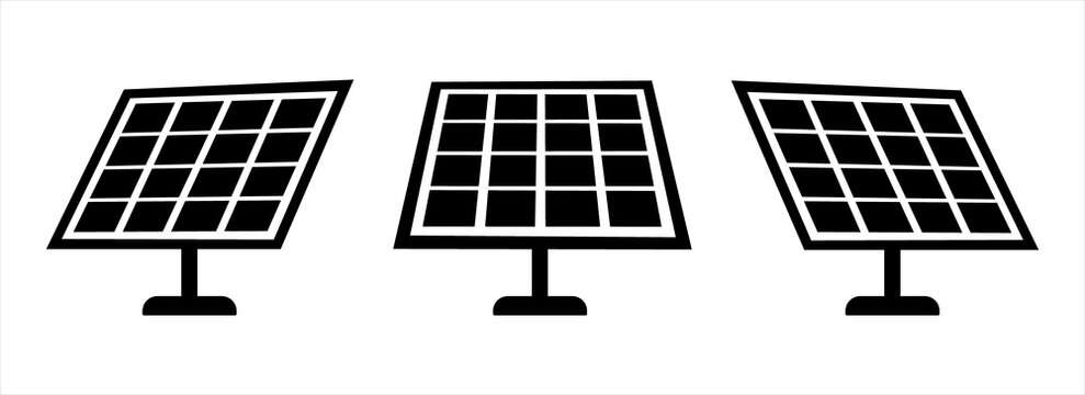 Solar panel icon set featuring photovoltaic panels for renewable energy, clean power, sustainable technology, and green energy concepts.