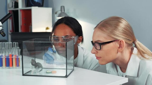 Two female scientists in lab coats and safety glasses conduct an experiment with a hamster and colored pills inside a container in a research laboratory.