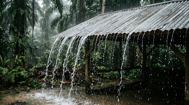 Waterfall cascading through lush tropical forest.