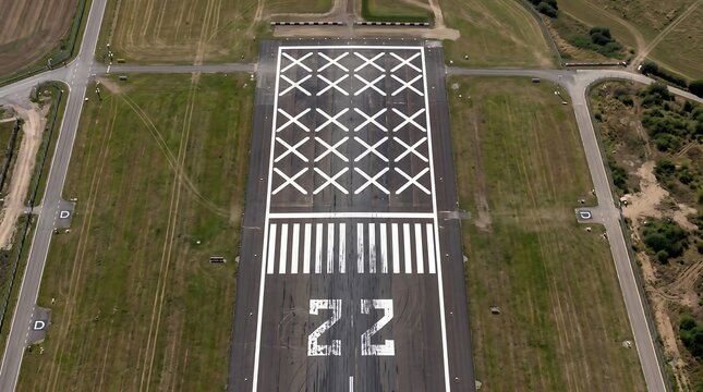 Aerial view of airport runway threshold with number 22 and large white x markings for closure