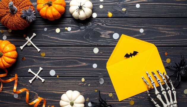 Autumn Halloween flat lay, pumpkins, yellow house, rustic wood