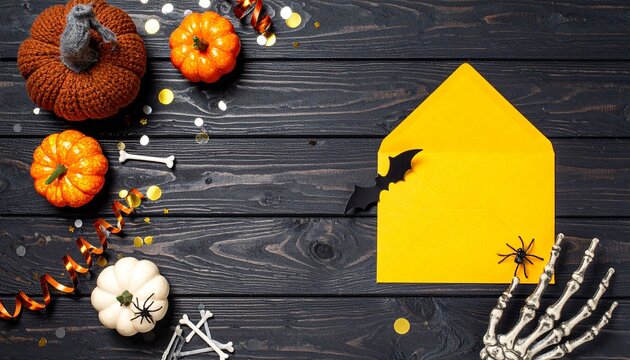 Autumn Halloween flat lay, pumpkins, yellow house, rustic wood