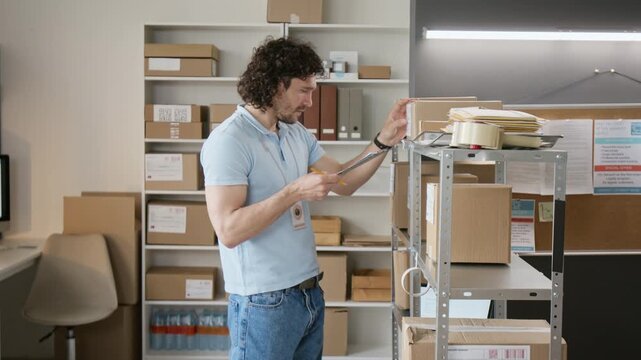 Young Caucasian man checking inventory, counting cardboard boxes, writing on clipboard in warehouse. Ideal for e-commerce logistics, stock audit videos, supply chain promotions