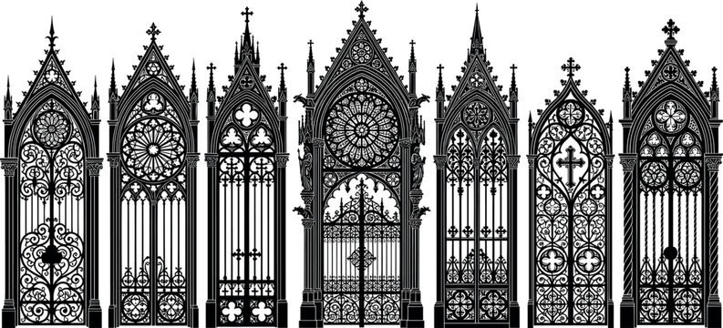 Gothic architectural gates silhouette vector set with ornate cathedral portals medieval arches and church window frames