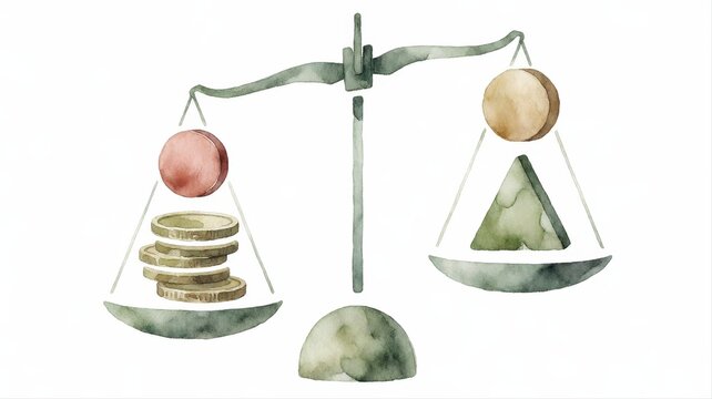 Hand-painted watercolor scale with coins and geometric shapes on balance beam