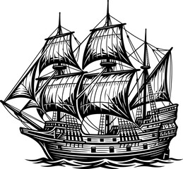 Ship silhouette vector illustration of a historic sailing galleon with detailed rigging and billowing sails © Ismail Hosen