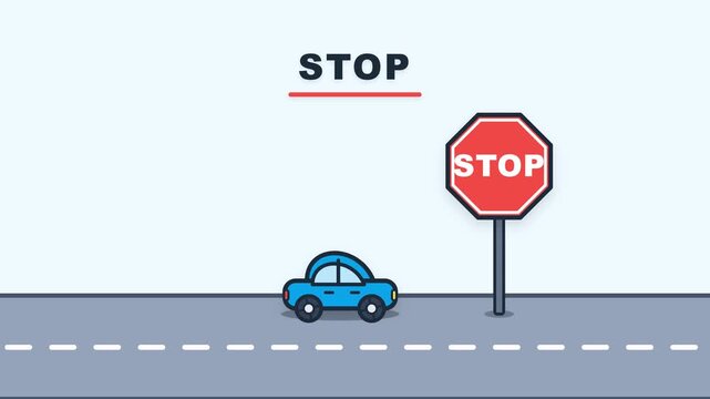 Blue cartoon car stopping before red octagon traffic sign on street road safety rules concept